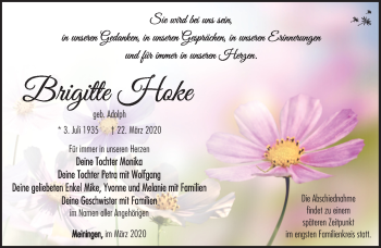 Traueranzeige von Brigitte Hoke von Südthüringer Presse