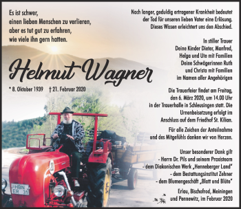 Traueranzeige von Helmut Wagner von Südthüringer Presse