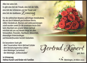 Traueranzeige von Gertrud Kunert von Südthüringer Presse