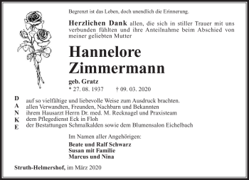 Traueranzeige von Hannelore Zimmermann von Südthüringer Presse
