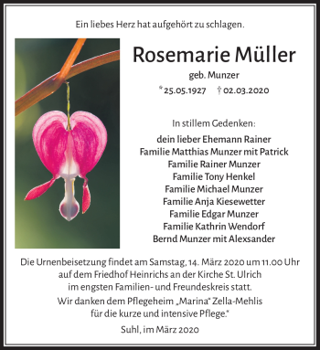 Traueranzeige von Rosemarie Müller von Südthüringer Presse