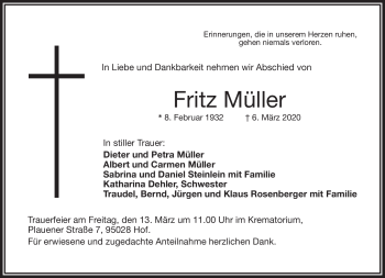Traueranzeige von Fritz Müller von Frankenpost