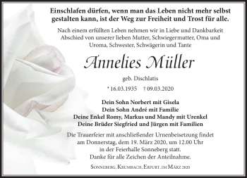 Traueranzeige von Annelies Müller von Südthüringer Presse