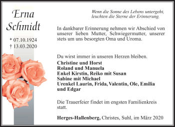 Traueranzeige von Erna Schmidt von Südthüringer Presse