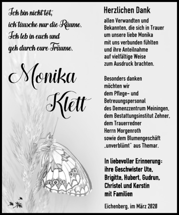 Traueranzeige von Monika Klett von Südthüringer Presse