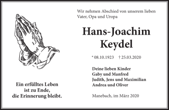 Traueranzeige von Hans-Joachim Keydel von Südthüringer Presse