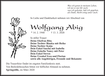 Traueranzeige von Wolfgang Abig von Südthüringer Presse
