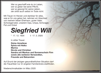 Traueranzeige von Siegfried Will von Südthüringer Presse