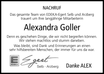Traueranzeige von Alexandra Goller von Frankenpost