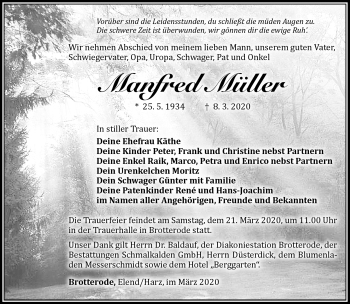 Traueranzeige von Manfred Müller von Südthüringer Presse