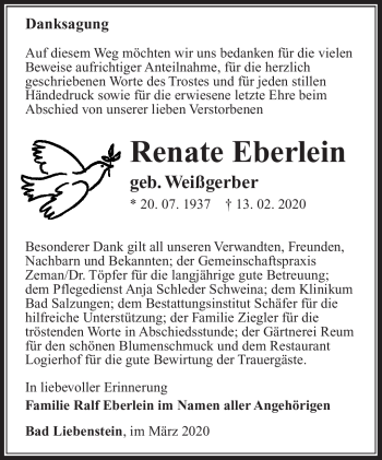 Traueranzeige von Renate Eberlein von Südthüringer Presse