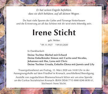 Traueranzeige von Irene Sticht von Neue Presse Coburg