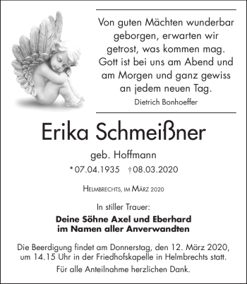Traueranzeige von Erika Schmeißner von Frankenpost