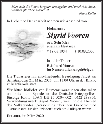 Traueranzeige von Sigrid Vooren von Südthüringer Presse