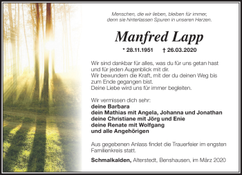 Traueranzeige von Manfred Lapp von Südthüringer Presse
