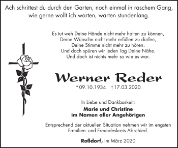 Traueranzeige von Werner Reder von Südthüringer Presse