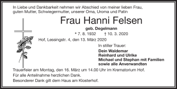 Traueranzeige von Hanni Felsen von Frankenpost
