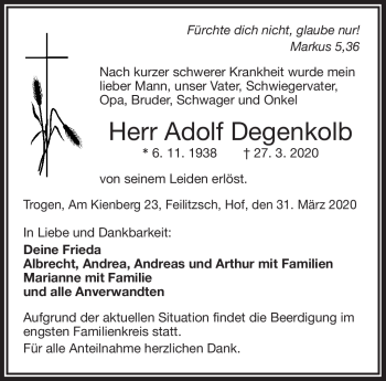 Traueranzeige von Adolf Degenkolb von Frankenpost