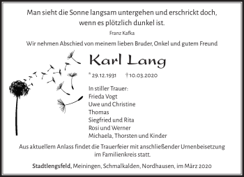 Traueranzeige von Karl Lang von Südthüringer Presse