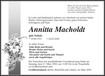 Traueranzeige von Annitta Macholdt von Südthüringer Presse