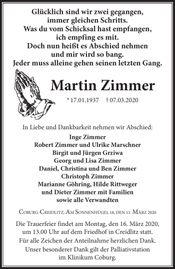 Traueranzeige von Martin Zimmer von Neue Presse Coburg