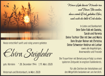 Traueranzeige von Elvira Steigleder von Südthüringer Presse