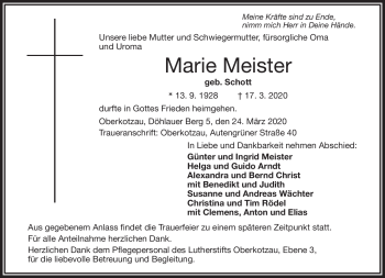 Traueranzeige von Marie Meister von Frankenpost