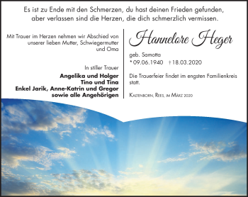Traueranzeige von Hannelore Heger von Südthüringer Presse