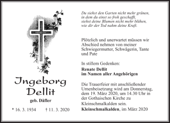 Traueranzeige von Ingeborg Dellit von Südthüringer Presse