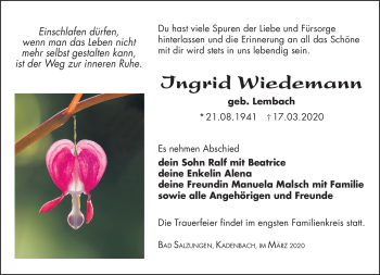 Traueranzeige von Ingrid Wiedemann von Südthüringer Presse