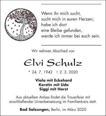 Traueranzeige von Elvi Schulz von Südthüringer Presse