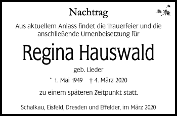 Traueranzeige von Regina Hauswald von Südthüringer Presse