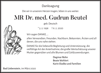 Traueranzeige von Gudrun Beutel von Südthüringer Presse