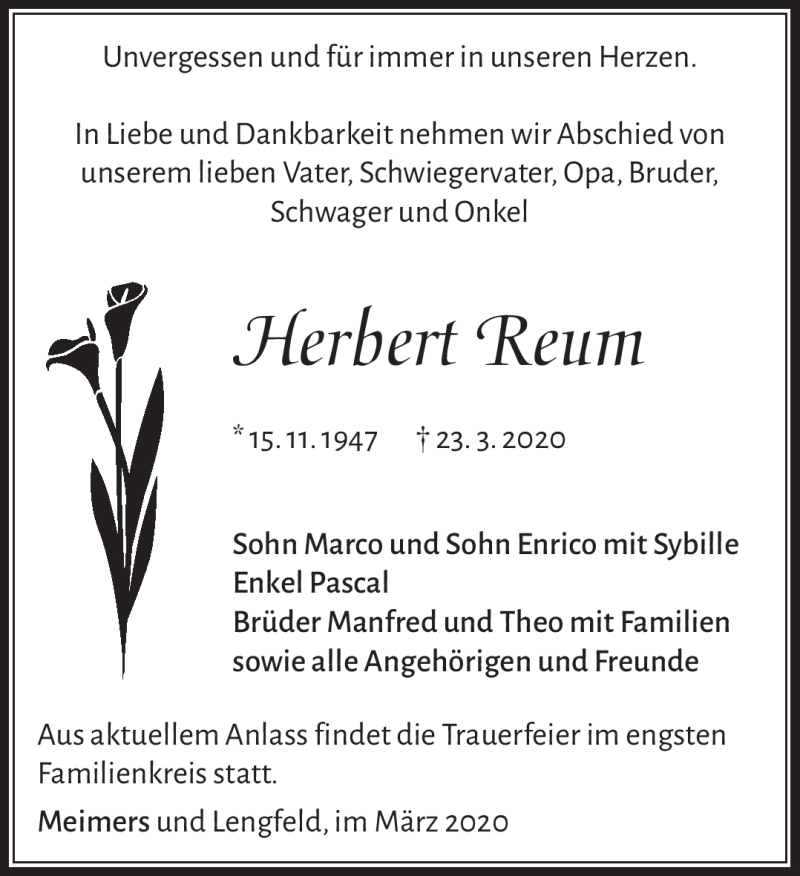 Traueranzeige für Herbert Raum vom 28.03.2020 aus Südthüringer Presse