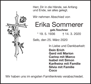 Traueranzeige von Erika Sommerer von Frankenpost