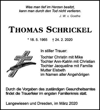 Traueranzeige von Thomas Schrickel von Südthüringer Presse