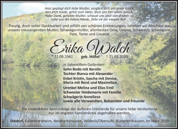 Traueranzeige von Erika Walch von Südthüringer Presse