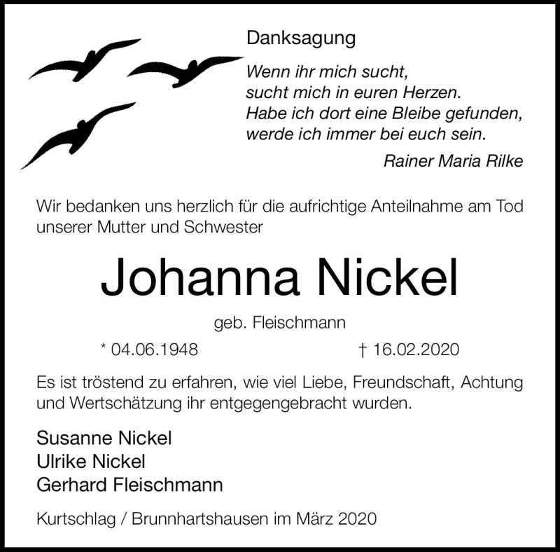  Traueranzeige für Johanna Nickel vom 06.03.2020 aus Südthüringer Presse