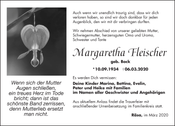 Traueranzeige von Margaretha Fleischer von Südthüringer Presse