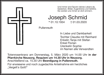 Traueranzeige von Joseph Schmid von Frankenpost