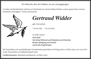 Traueranzeige von Gertraud Widder von Südthüringer Presse