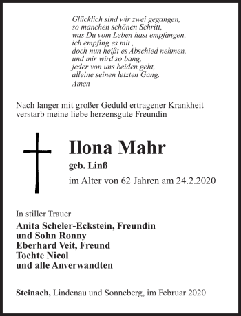 Traueranzeige von Ilona Mahr von Südthüringer Presse