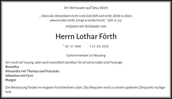 Traueranzeige von Lothar Förth von Frankenpost