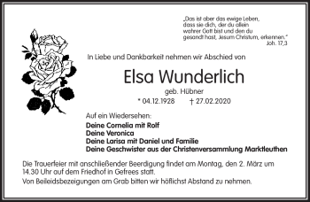 Traueranzeige von Elsa Wunderlich von Frankenpost