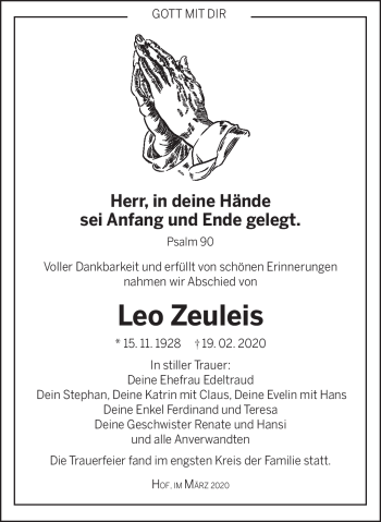 Traueranzeige von Leo Zeuleis von Frankenpost