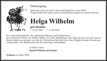 Traueranzeige von Helga Wilhelm von Südthüringer Presse
