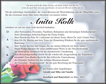 Traueranzeige von Anita Kolk von Südthüringer Presse