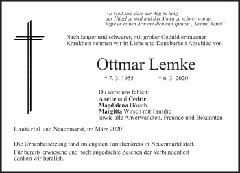 Traueranzeige von Ottmar Lemke von Neue Presse Coburg