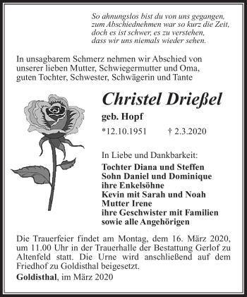 Traueranzeige von Christel Drießel von Südthüringer Presse