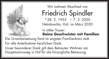 Traueranzeige von Friedrich Spindler von Frankenpost